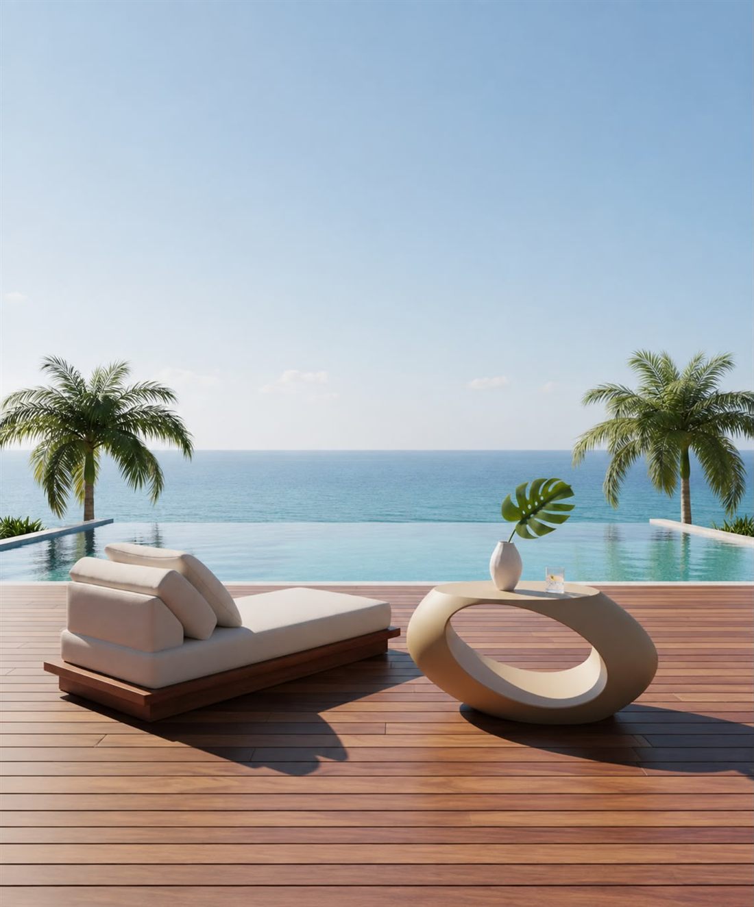 Chaise e mesa orgânicas Canoa diante de uma piscina de borda infinita e do mar