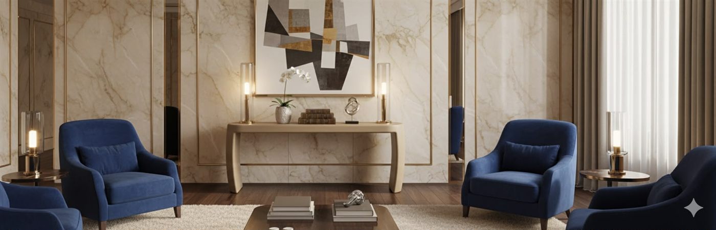 Sala de estar sofisticada com poltronas azuis e aparador